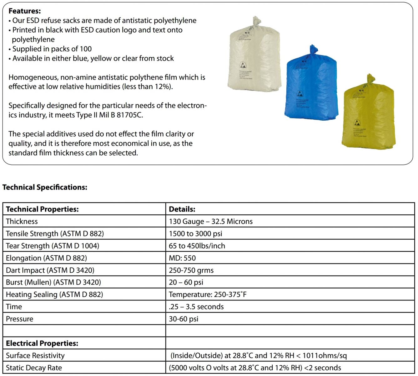 שקיות אשפה אנטי סטטיות MULTICOMP ESD